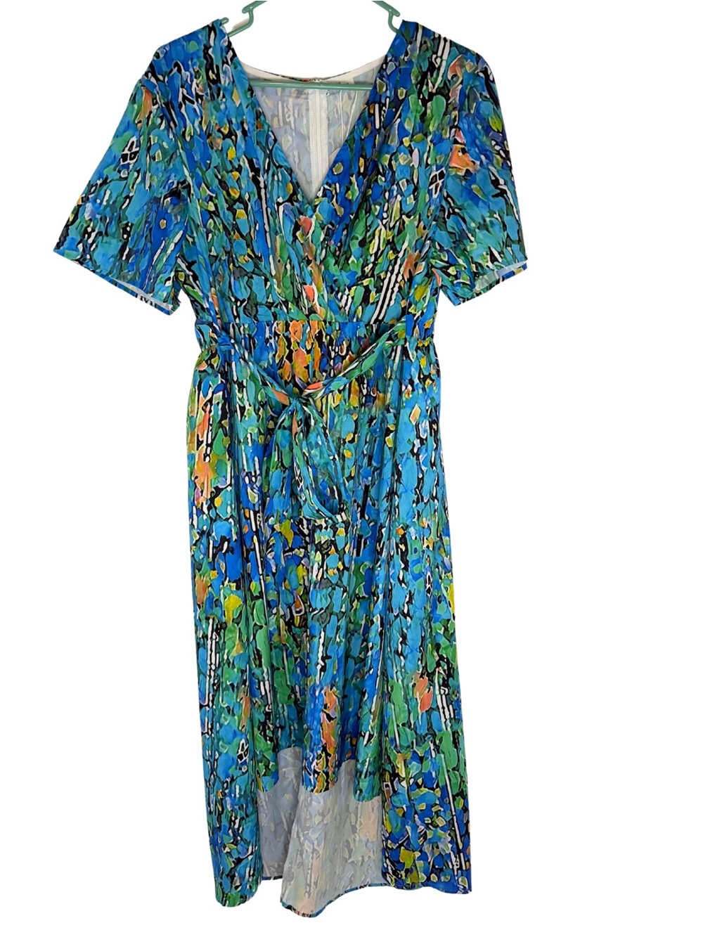 Vibrant Blue & Green Abstract Short Sleeve High Low Dress Size XL